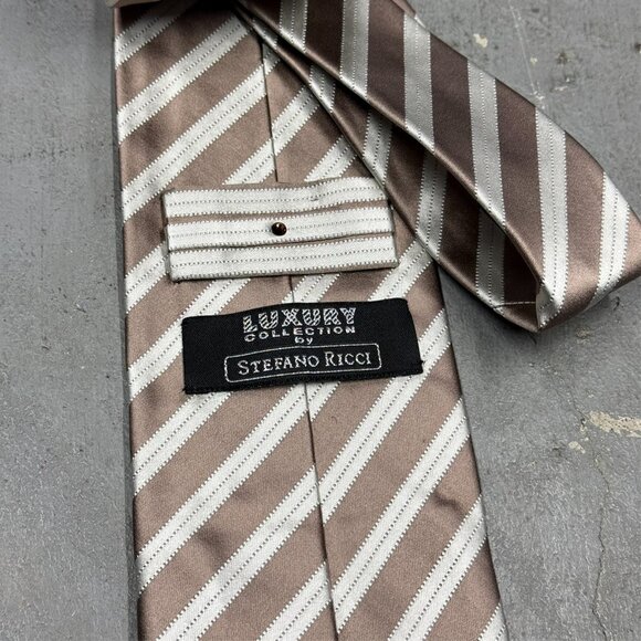 Stefano Ricci Tie "Luxury Collection" Striped Silk Made in Italy Satin Gold 4" - Picture 4 of 11